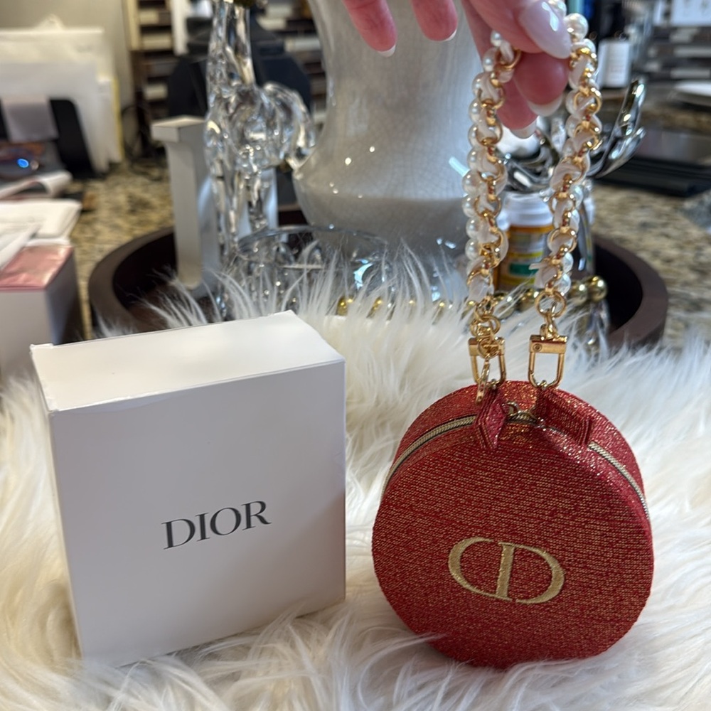 Dior Beauty Red and Gold Vanity Bag with Pearl Handle - Picture 2 of 6